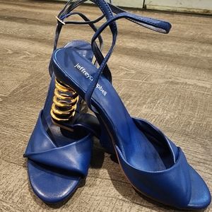 Jeffrey Campbell Sprung Blue Gold Spring Heel HIgh Heel Ankle Strap Sandals (8.5
